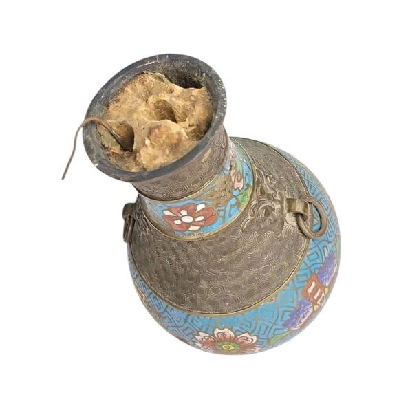 Japanese Champleve Vase Enamel Floral Water Lilies Ring Handles - Picture 2 of 6